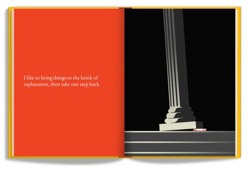 Interior spread of Craig Frazier's book showing a column illustration opposite a red page with white text.