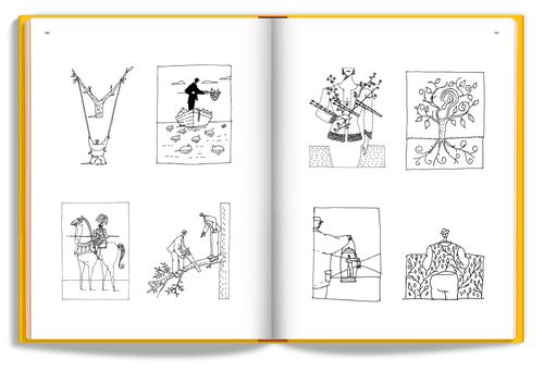 Interior spread of Craig Frazier's book showing black and white illustration sketches