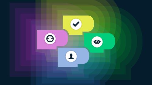 Colorful 4Ps graphic with icons: target, check mark, eye, and person silhouette, layered over a dark background.