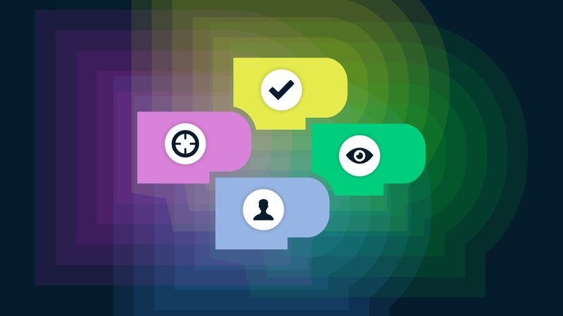 Colorful 4Ps graphic with icons: target, check mark, eye, and person silhouette, layered over a dark background.