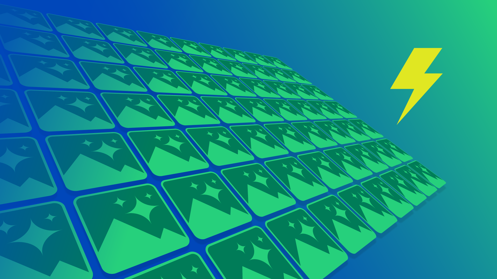 Geometric pattern with abstract symbols in green and blue tones, accompanied by a yellow lightning bolt on the right.