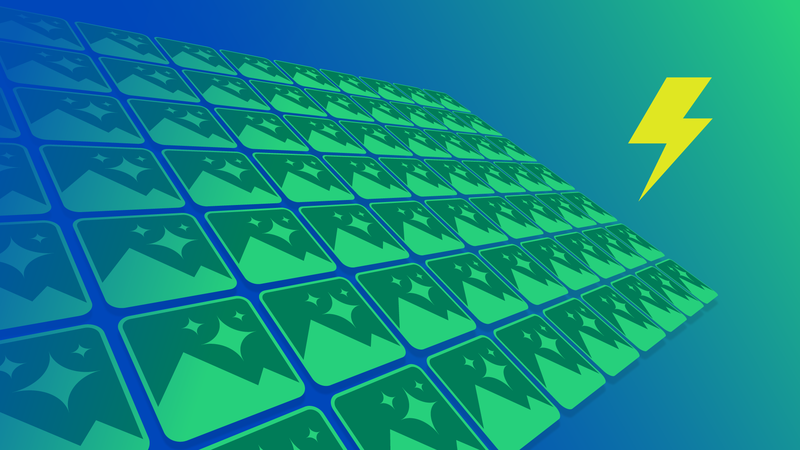 Geometric pattern with abstract symbols in green and blue tones, accompanied by a yellow lightning bolt on the right.