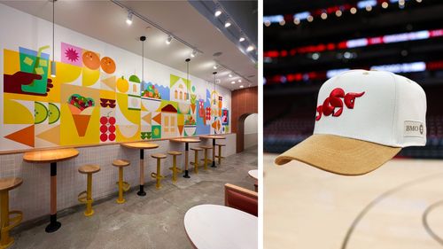 Colorful, mural of food on a restaurant wall and a Chicago Bulls hat with a design by Alyssa