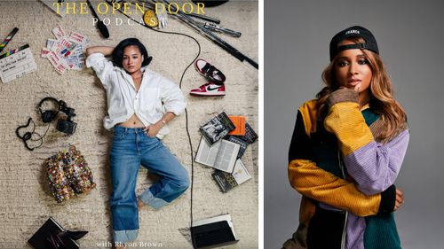 Split image: Left, Rhyon Brown surrounded by podcast gear; Right, Rhyon Brown in colorful jacket and cap posing confidently.