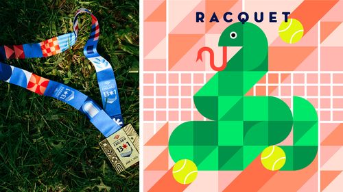 Alyssa's designs for the Chicago marathon gold medal next to a geometric snake design with tennis balls and "RACQUET" text