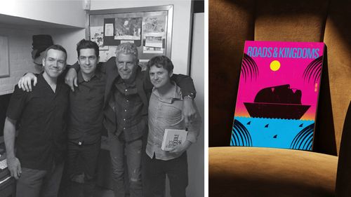 Left: Nathan Thornburgh posing with Anthony Bourdain and three others. Right: "Roads & Kingdoms" book on a brown chair.
