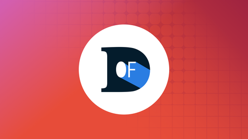 Design Of logo in a white circle centered on a pink and red gradient background