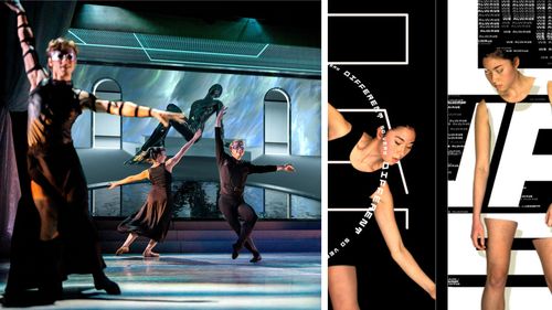 Dancers in black outfits perform on stage; graphic design elements with text and abstract shapes are visible on the side.