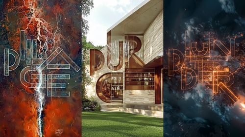 Three-part image: Abstract designs with text overlay. Left: fiery texture, middle: modern house, right: smoky atmosphere.