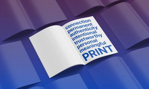 Open book with words like "connection," "authenticity," and "trustworthy" on the right page against a gradient background of overlapping books