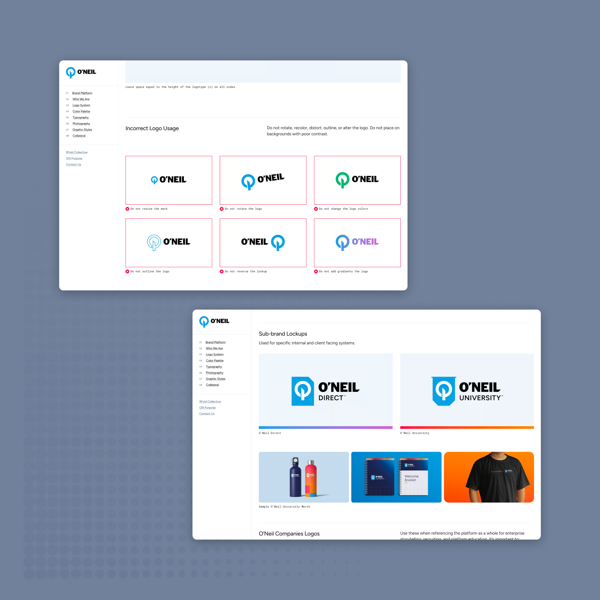 Logo misuse and sub-brand sections of O'Neil online brand guide