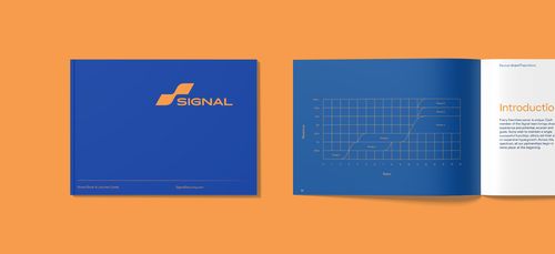 Front cover and interior spread of the Signal brand book