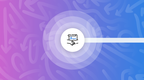 Icon of a handshake under a signed document in a white circle, centered on a purple and blue patterned background with arrows.