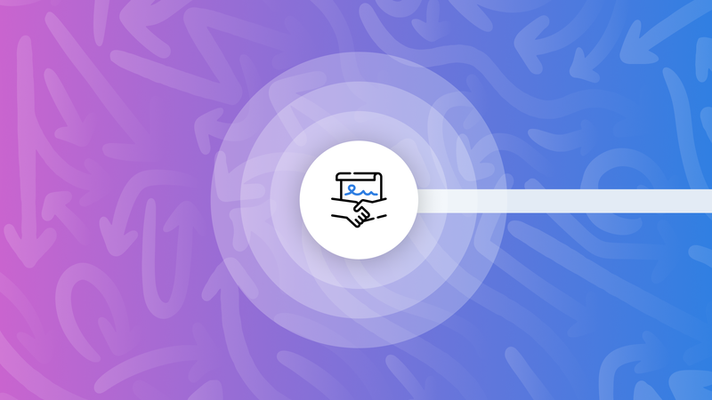 Icon of a handshake under a signed document in a white circle, centered on a purple and blue patterned background with arrows.