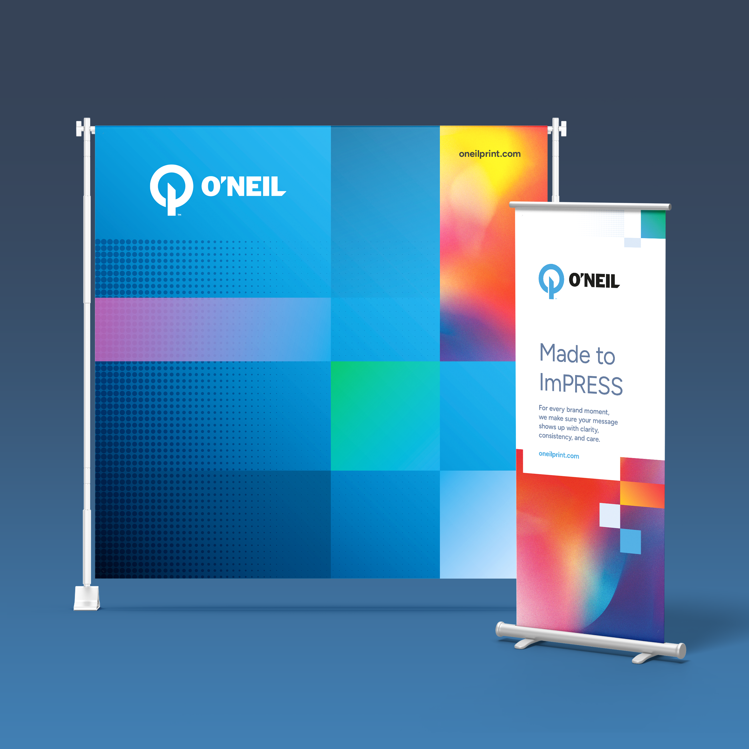 O'Neil branded backdrop and pop-up banner featuring colorful geometric designs