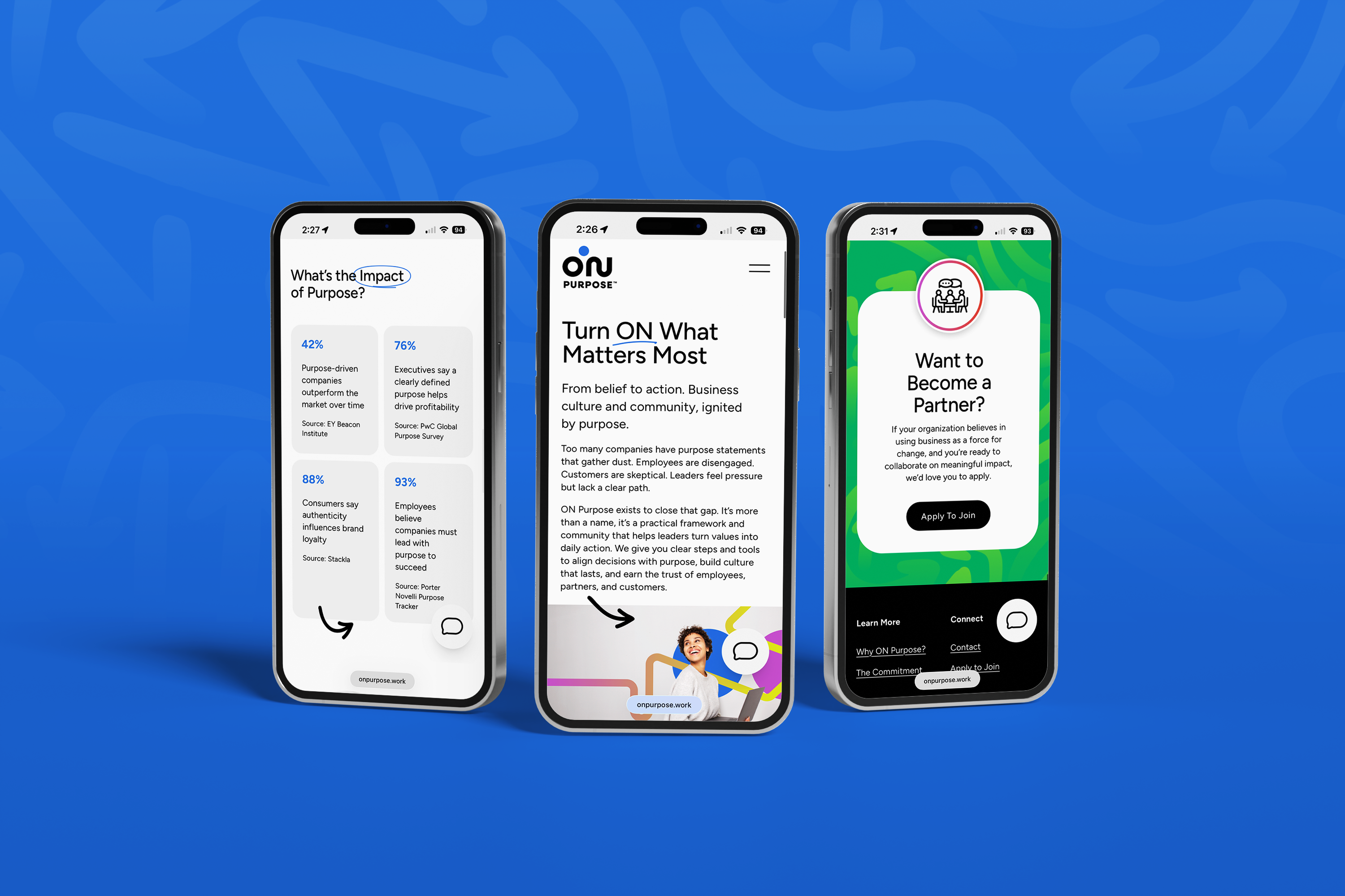 Three phones displaying the ON Purpose website against a blue background.