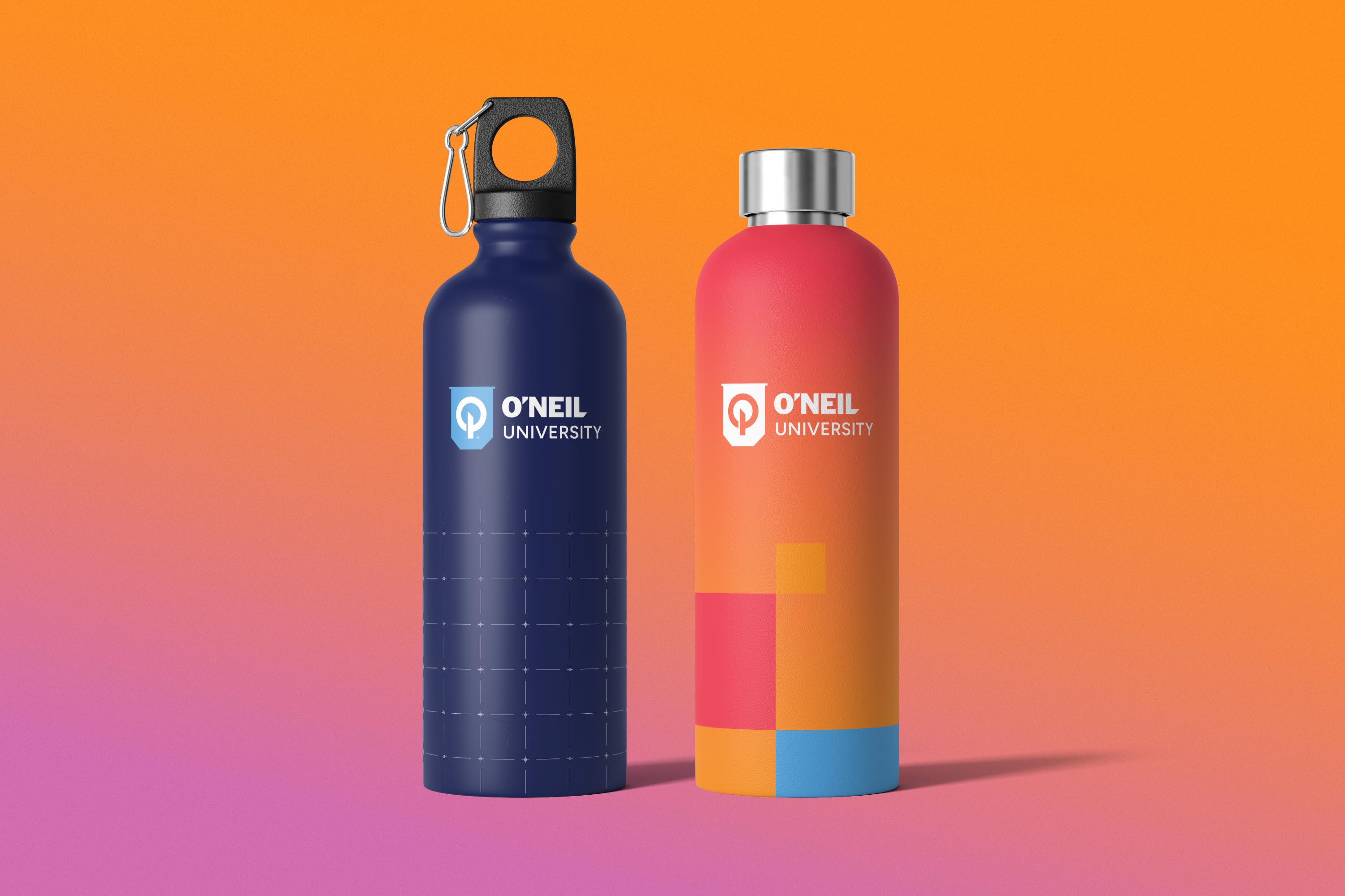 O'Neil University water bottles on a pink and orange gradient background