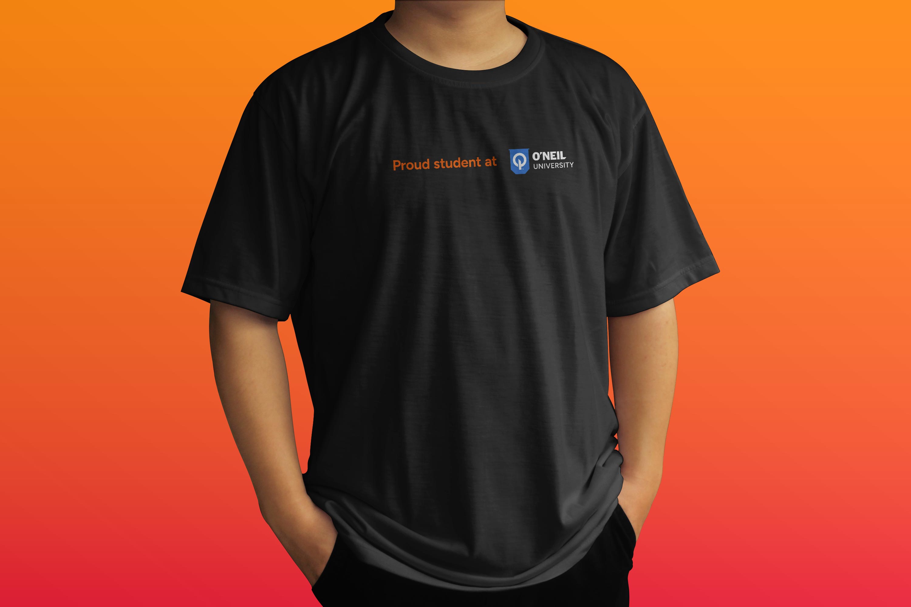 Student wearing a black O'Neil University shirt