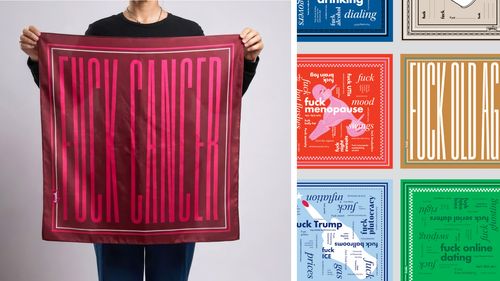 Dena Blevins scarf artwork. Person holding a scarf with bold text "Fuck Cancer." Additional scarves with various expressive messages displayed on the side.