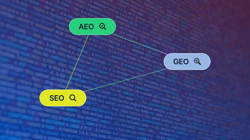 SEO, AEO, GEO nodes on code background