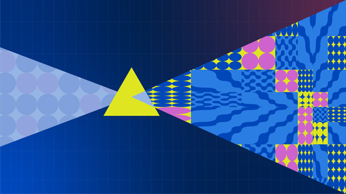 A yellow triangle prism refracts patterns into blue, pink, and yellow geometric designs.