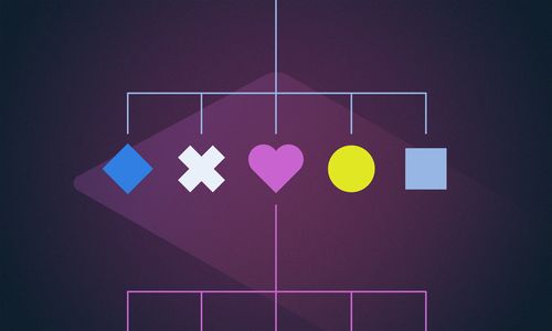 Diagram with blue diamond, white X, pink heart, yellow circle, and light blue square on a dark background with connecting lines above and below.