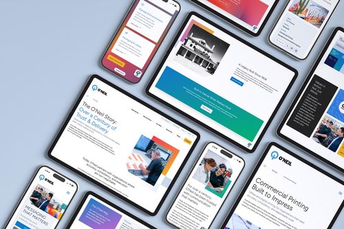 Grid of devices showing different pages of the O'Neil website