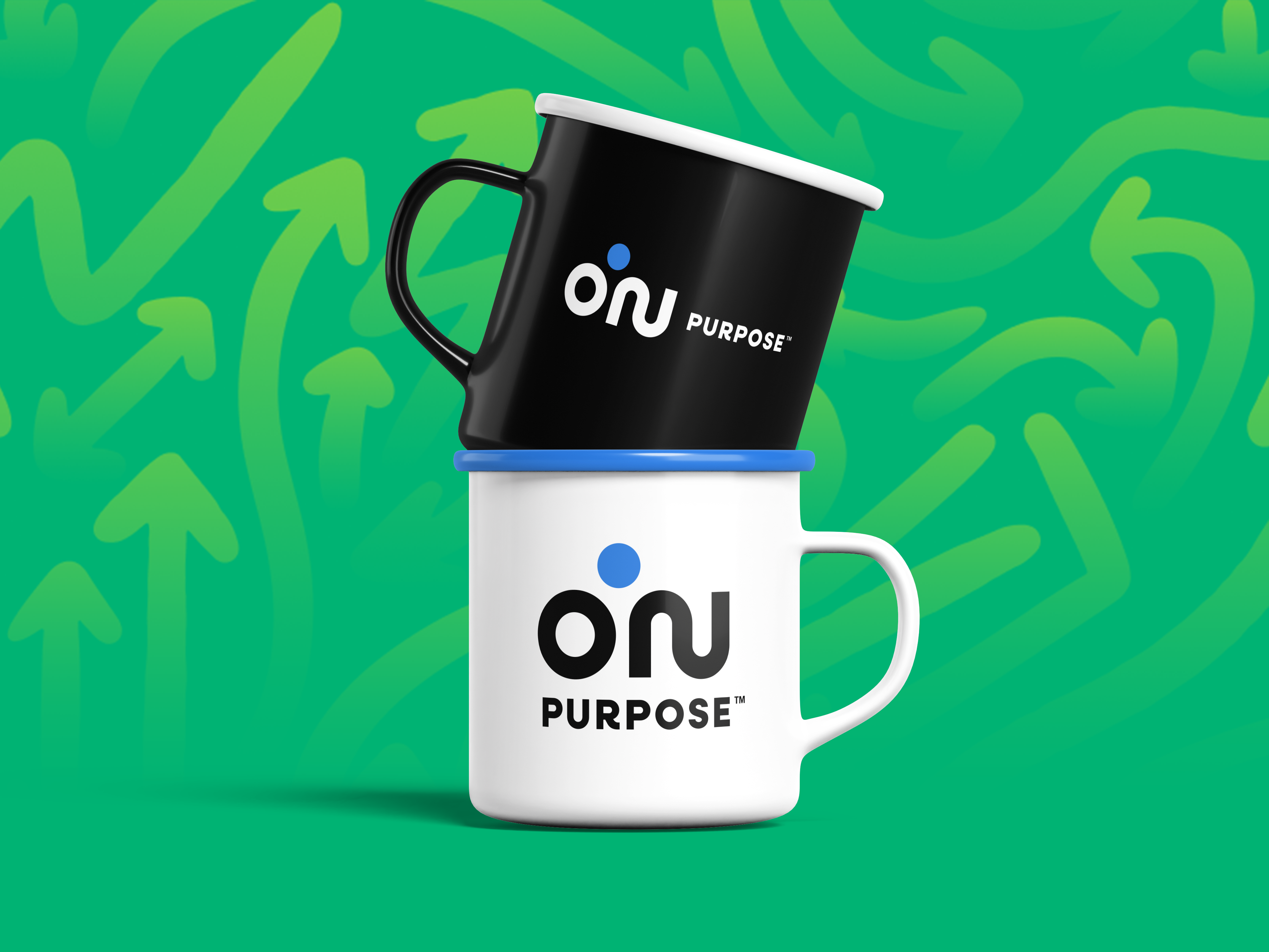 Two stacked mugs, one black and one white, both with ON Purpose logo, against a green background with abstract arrow patterns