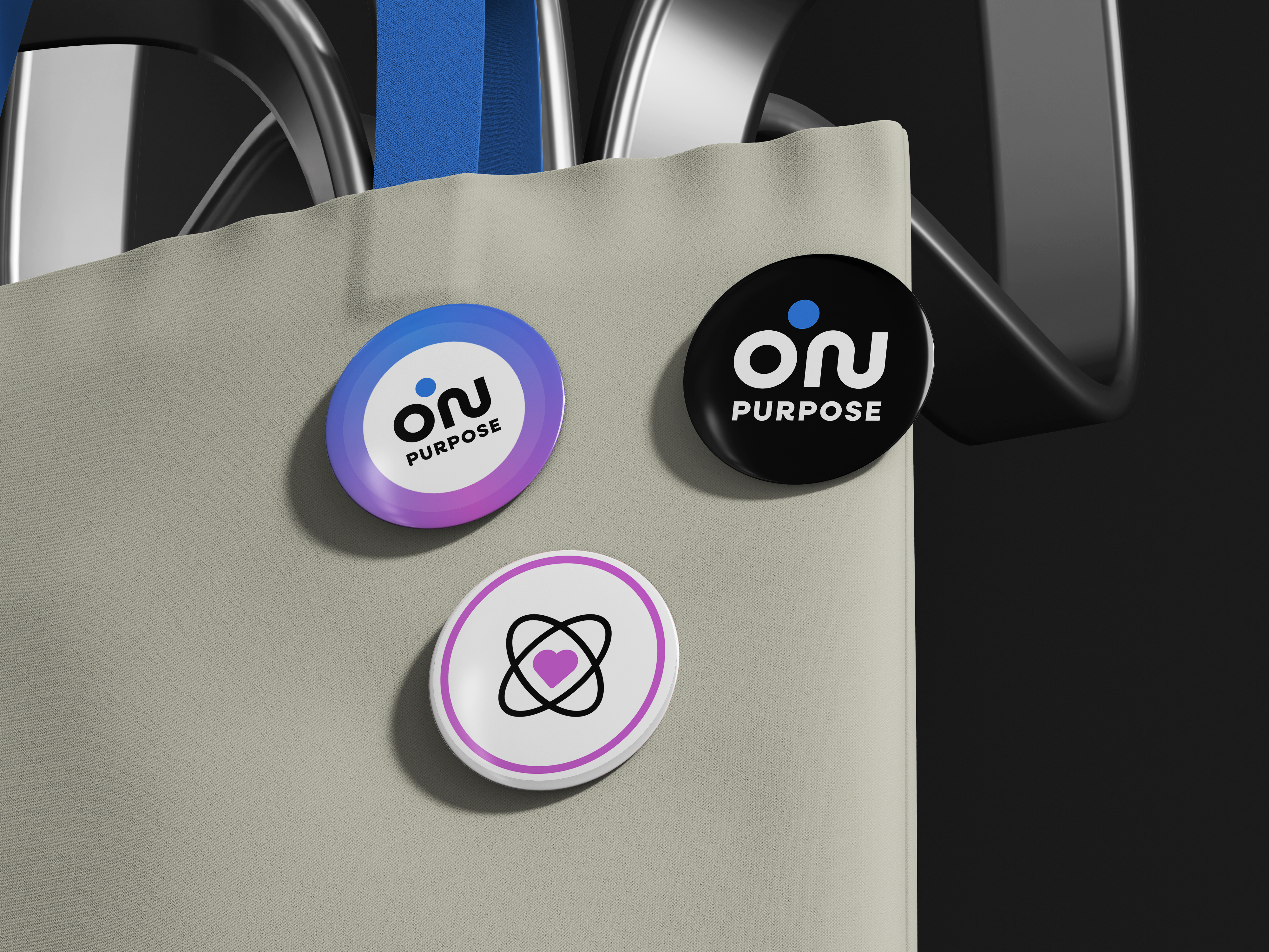ON Purpose pins on a canvas bag