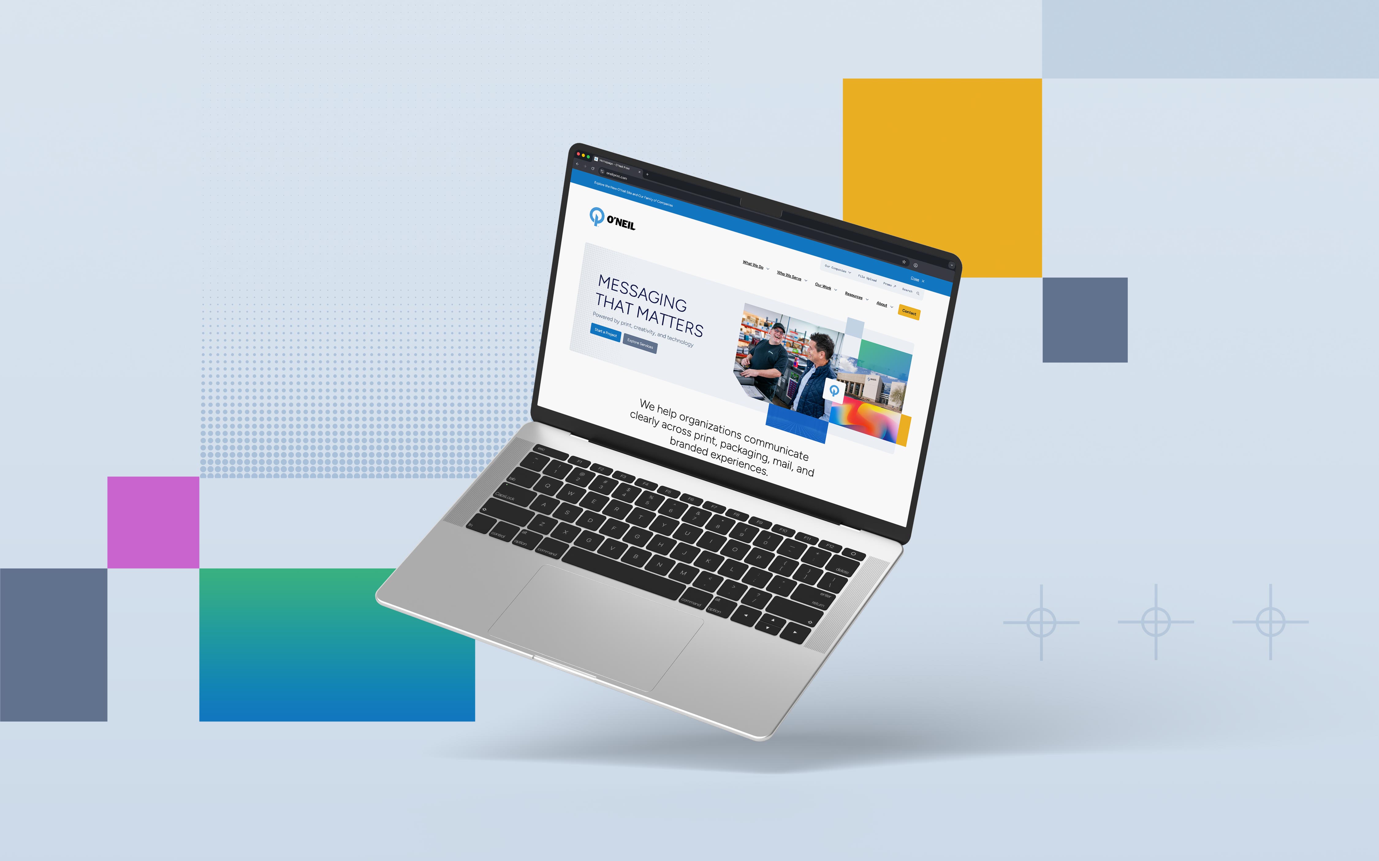 A laptop displaying the O'Neil website with geometric colored squares on a light blue backdrop