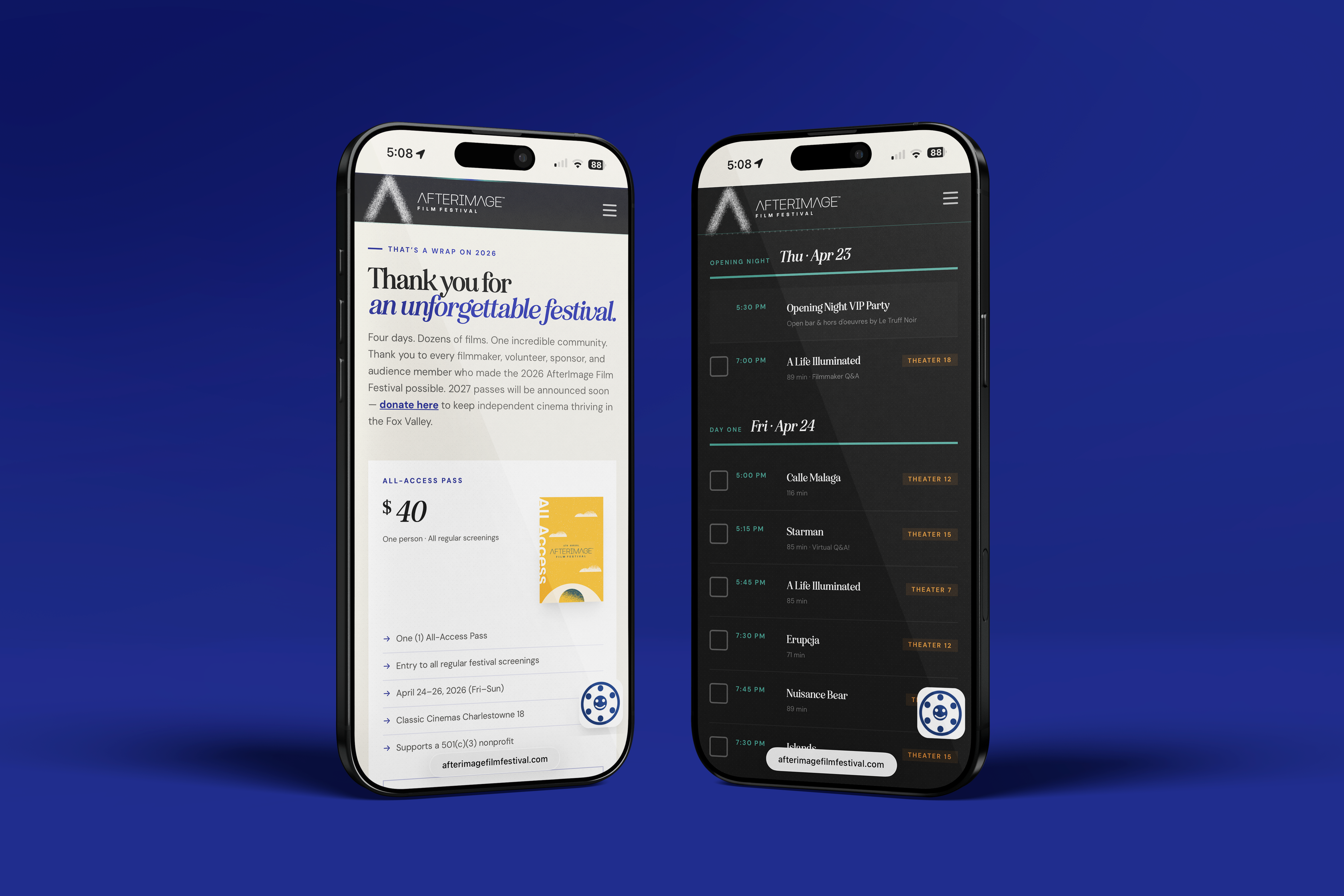 Two mobile phones side by side on a blue background showing the AfterImage Film Festival website
