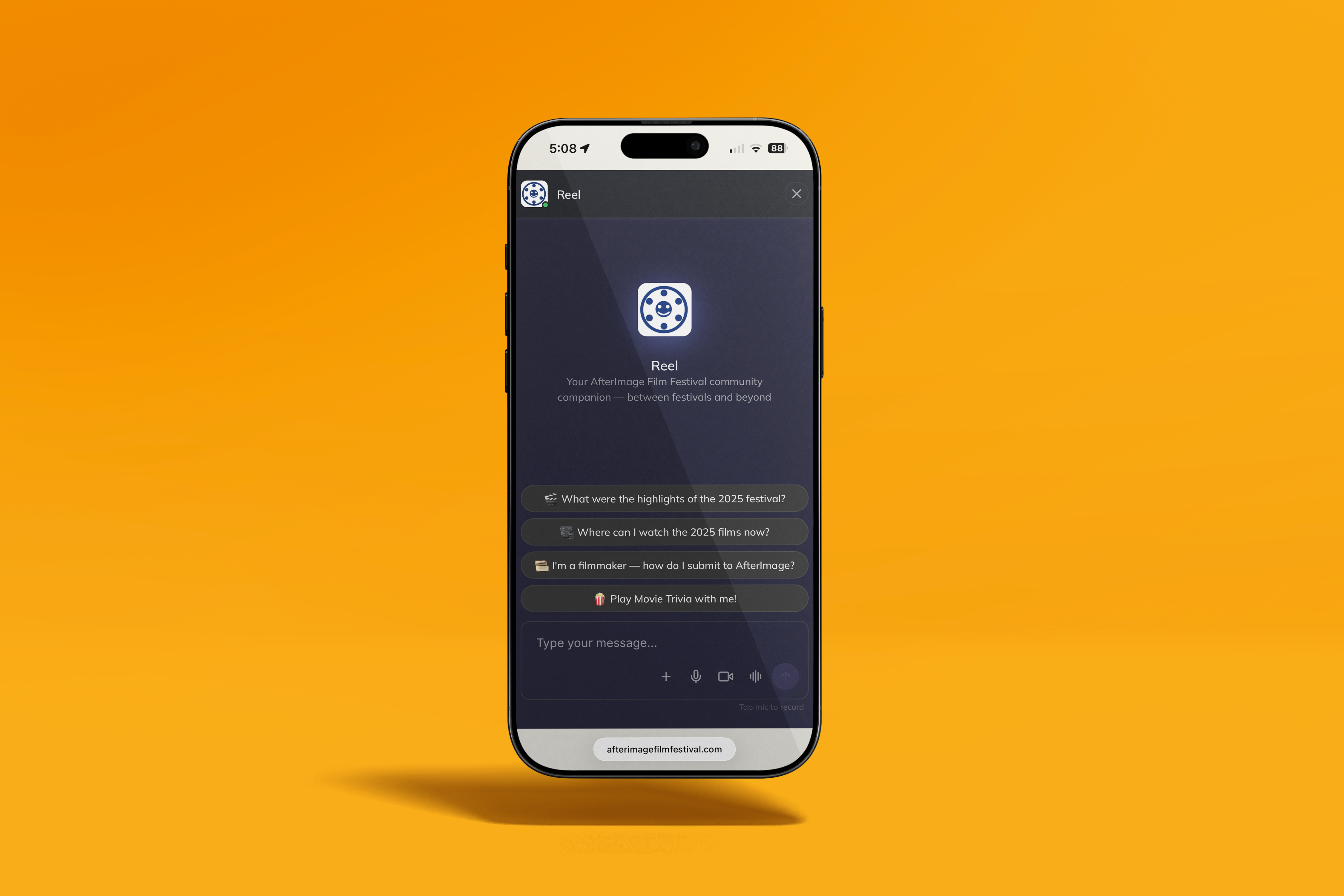 A mobile phone on a yellow background displaying the Reel AI chatbot