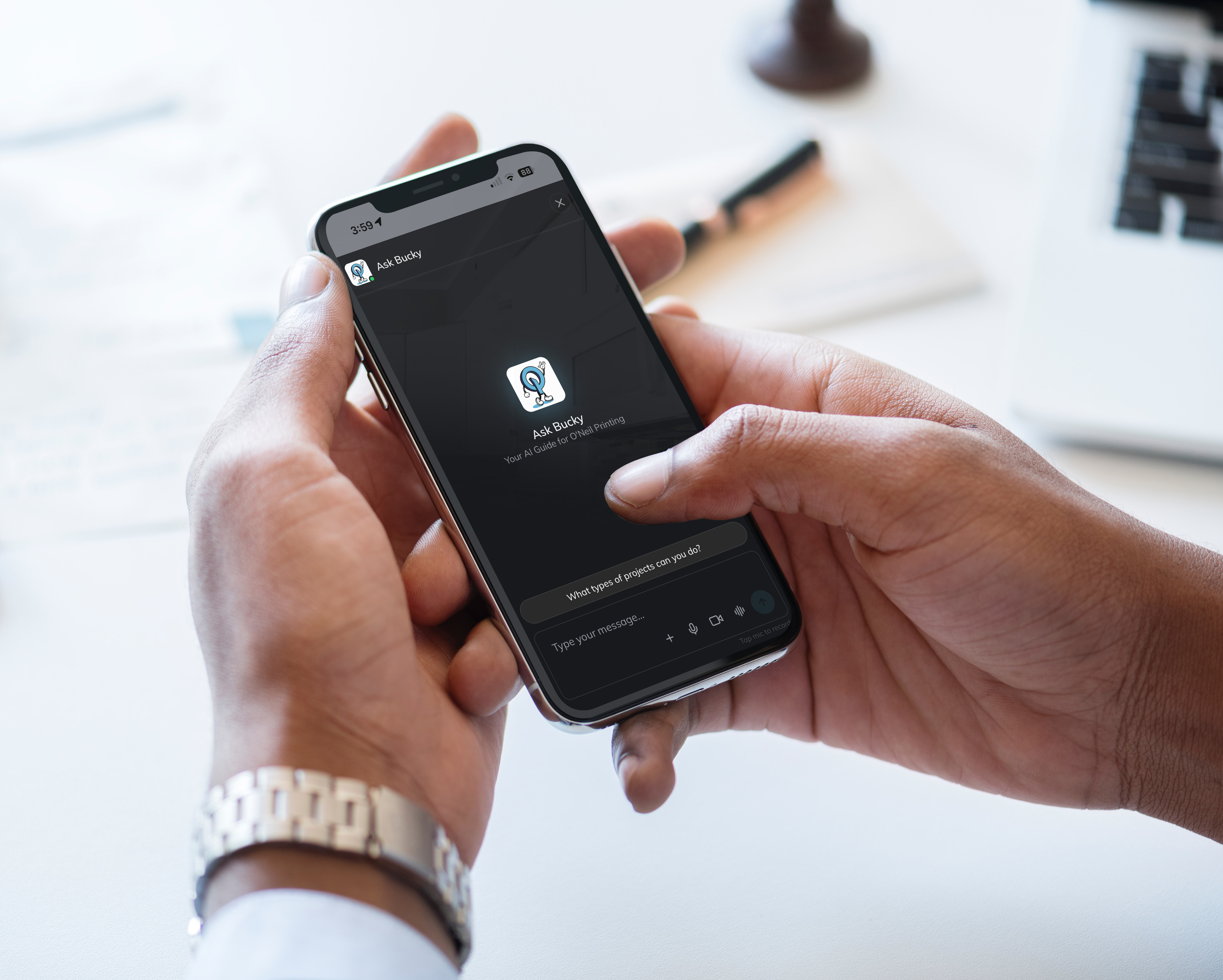 Man using the Ask Bucky AI chatbot feature on a mobile phone