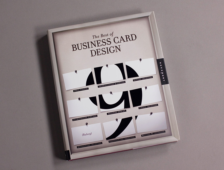 Cover of "The Best of Business Card Design" featuring a grid of blank cards on a large black "9" against a beige background