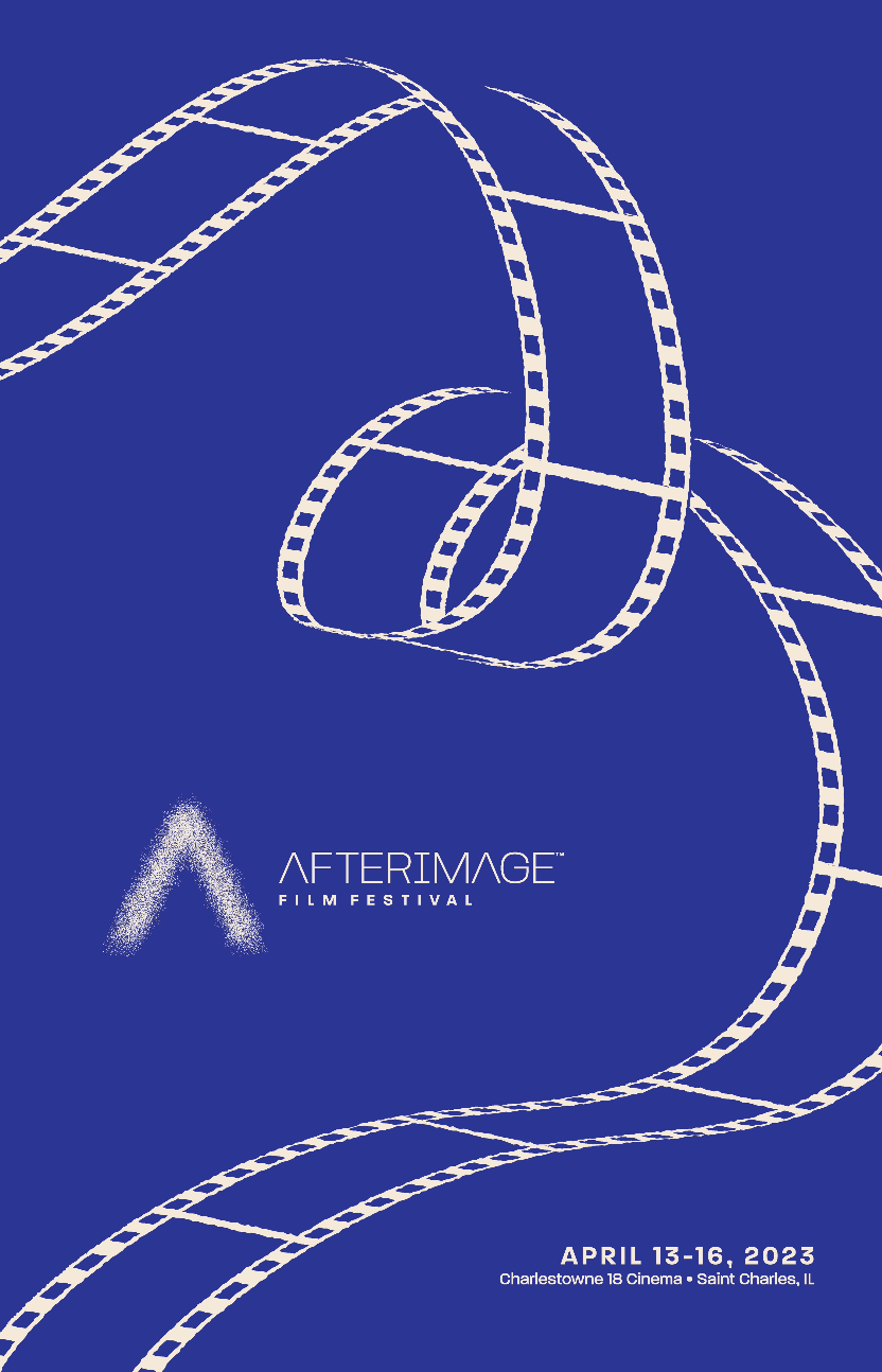 AfterImage Film Festival 2023 poster showing a white filmstrip illustration over a blue background