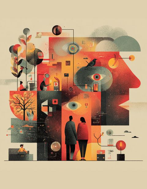 Abstract artwork with two figures, geometric shapes, trees, and eyes, blending nature and technology in warm, earthy tones.