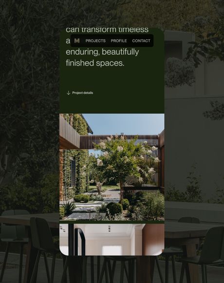 Modern website design on a screen displaying a lush, green courtyard with trees and a stylish interior view below.