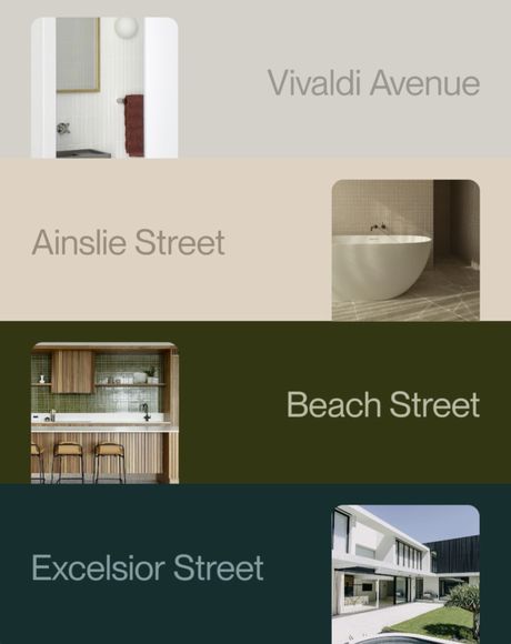 Collage of project themes, each section with a unique colour and labeled: "Vivaldi Avenue," "Ainslie Street," "Beach Street," and "Excelsior Street."
