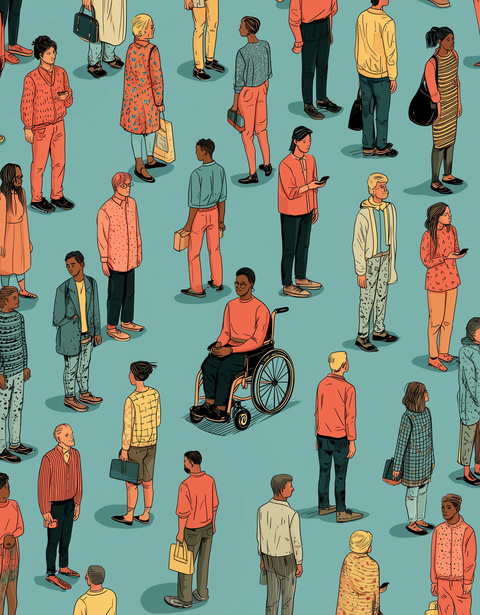 Illustration of diverse people on a blue background, including a person in a wheelchair, all wearing various orange and patterned outfits.