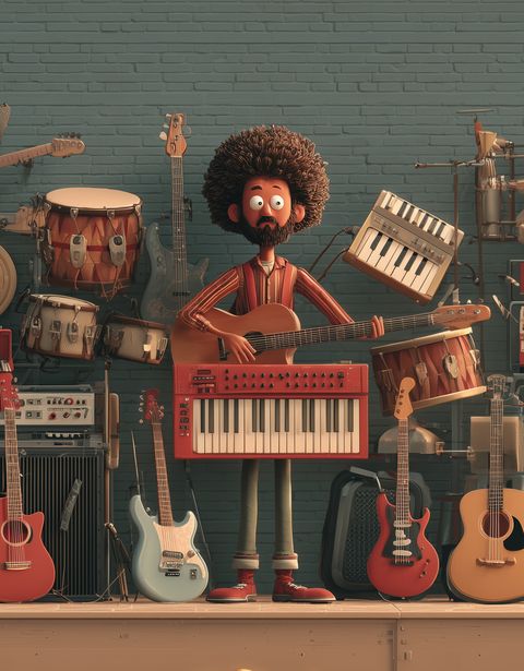 A cartoon character with curly hair stands surrounded by various musical instruments, including guitars, drums, and keyboards.