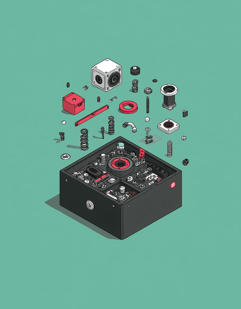 Exploded view of a mechanical device with various components, including springs, gears, and screws, arranged above a black box on a teal background.