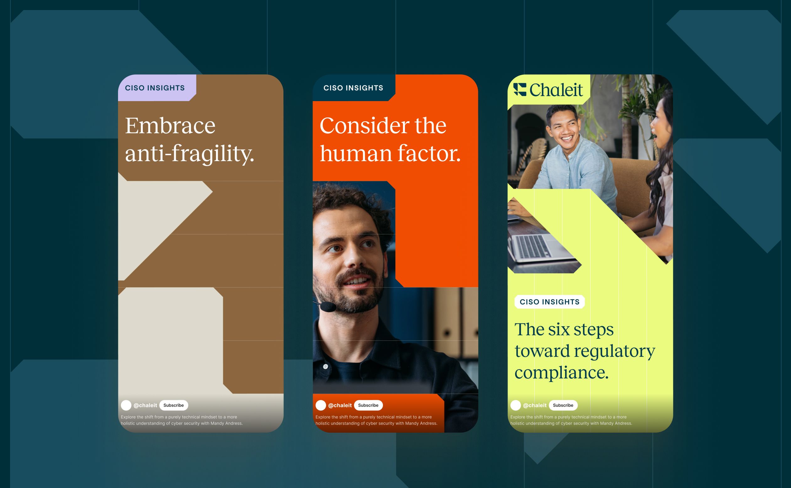 Three mobile screenshots of the Chaleit website, with titles: "Embrace anti-fragility," "Consider the human factor," and "The six steps toward regulatory compliance."