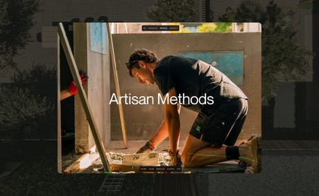 A person kneeling, smoothing concrete with a trowel in sunlight, framed by the text "Artisan Methods."