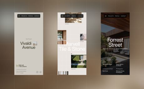 Three vertically aligned mobile designs for the Marvell Tile & Stone website, featuring different projects: Vivaldi Avenue and Forrest Street.