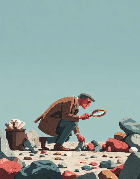 A man in a plaid coat crouches on rocky ground, examining stones with a magnifying glass. A basket of rocks sits nearby.