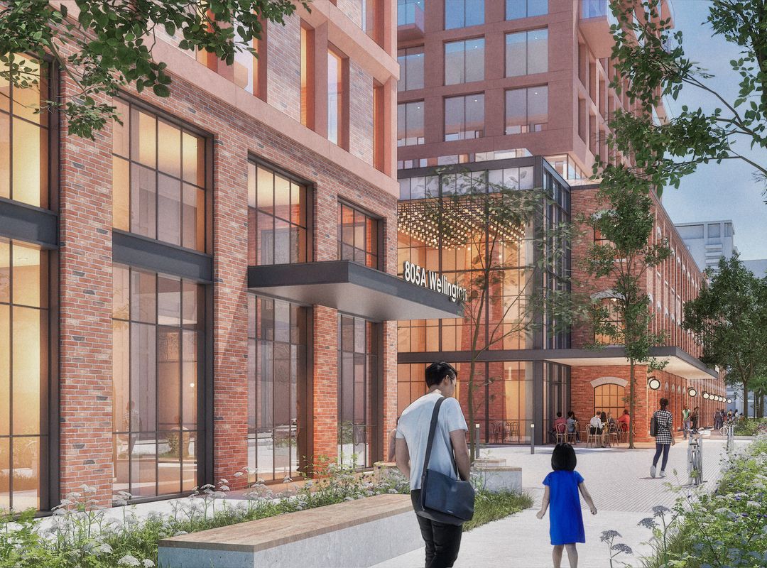 architectural rendering of 805 Wellington showing people walking along the entrance