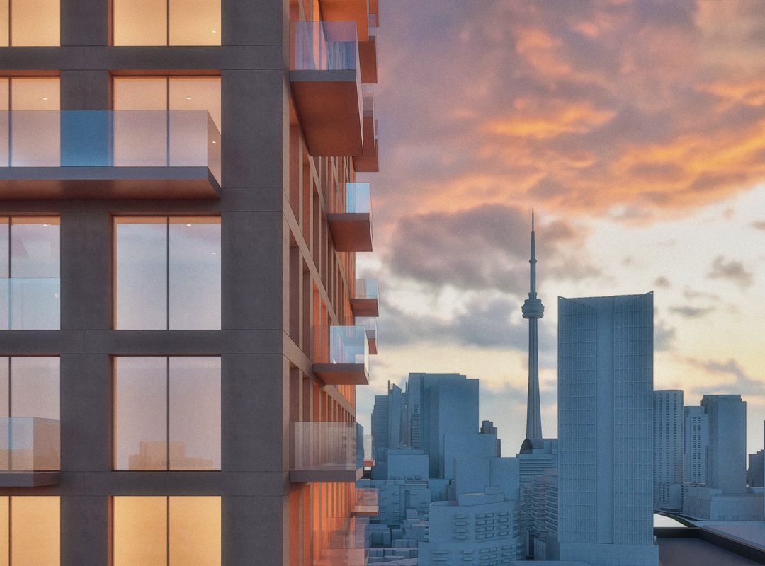 architectural rendering of 805 Wellington showing a view of the CN tower in the background