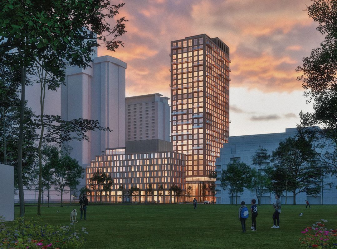 architectural rendering of 805 Wellington showing people gathered in the surrounding green space