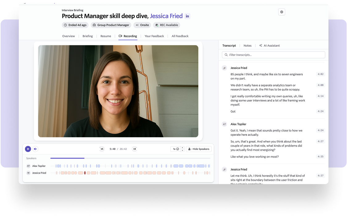 Ashby AI Notetaker interview recording with speaker timeline, searchable transcript, notes and AI Assistant tabs