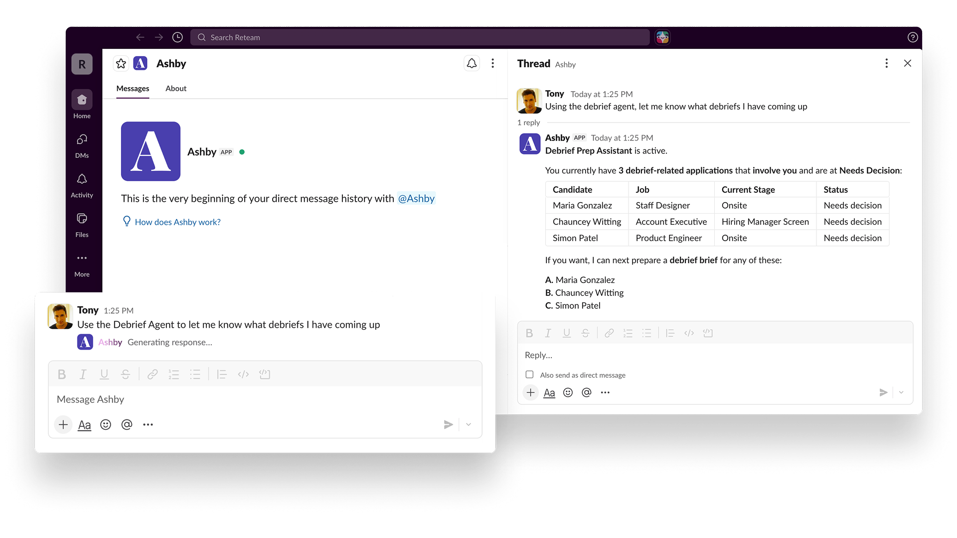 Ashby Assistant in Slack using a Debrief agent to list candidates whose debriefs need a hiring decision